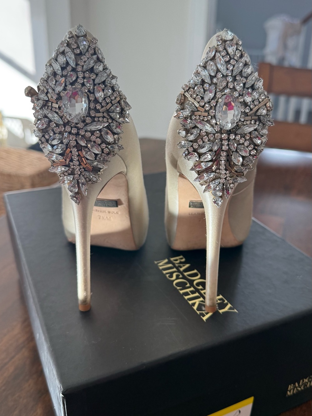 Badgley Mischka Champagne Satin Crystal-Embellished Stiletto Heels